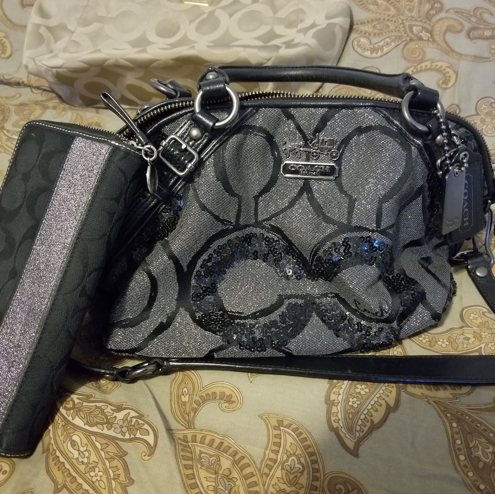 Sequin coach satchel handbag & matching wallet